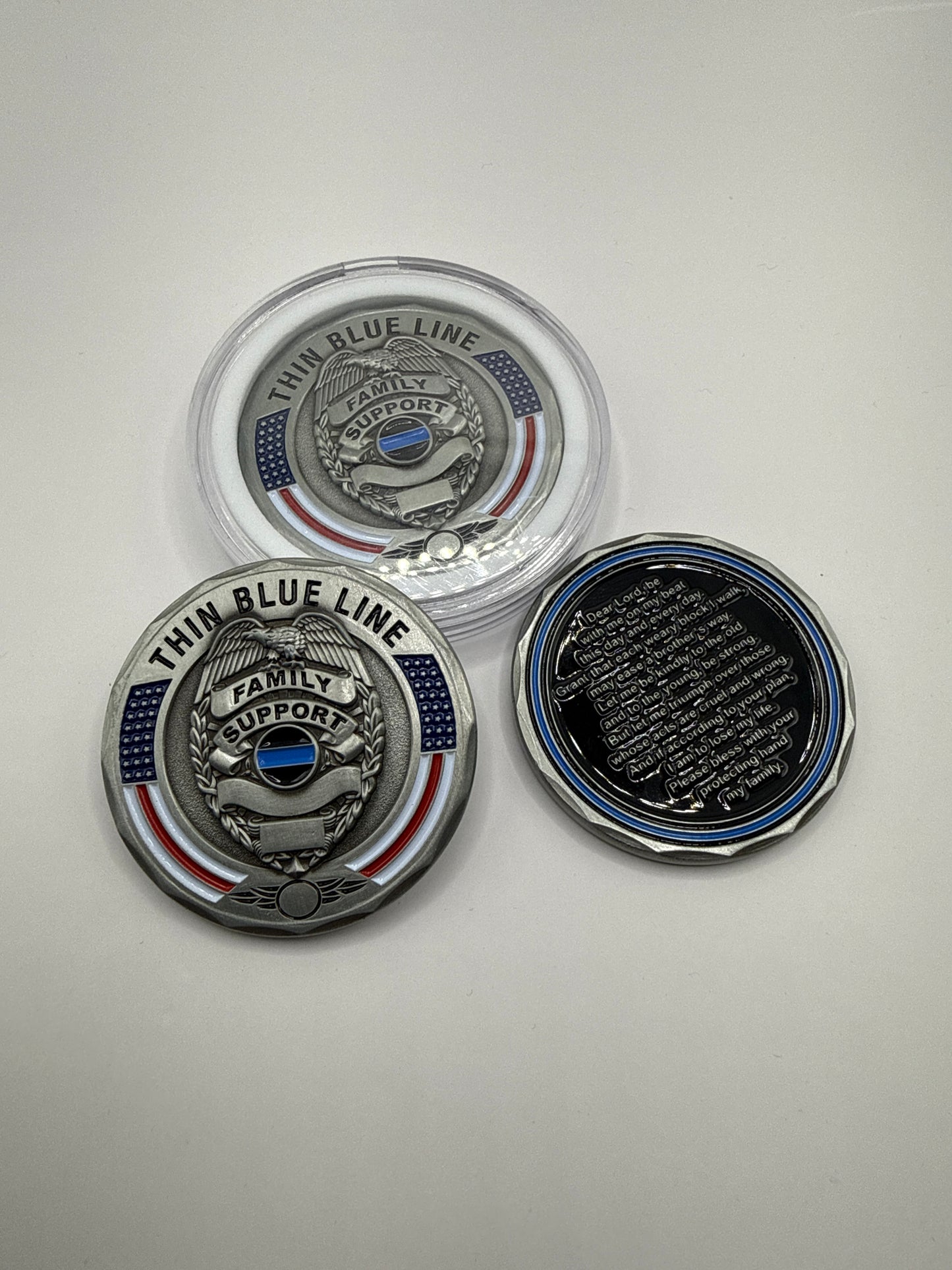 Thin Blue Line Police Family Support- Policeman's Prayer Challenge Coin