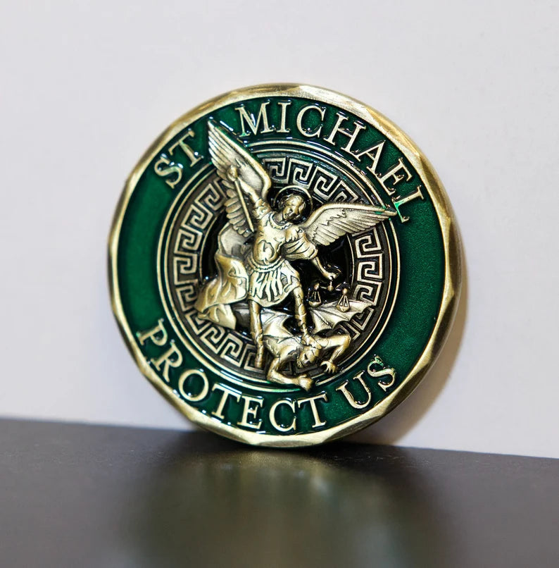 Lucky St Michael Protect Us Irish Clover Challenge Coin