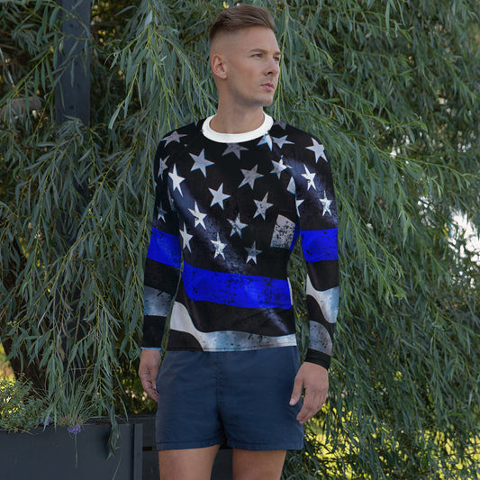 Thin Blue Line USA Wavy Flag Rash Guard UPF 50+