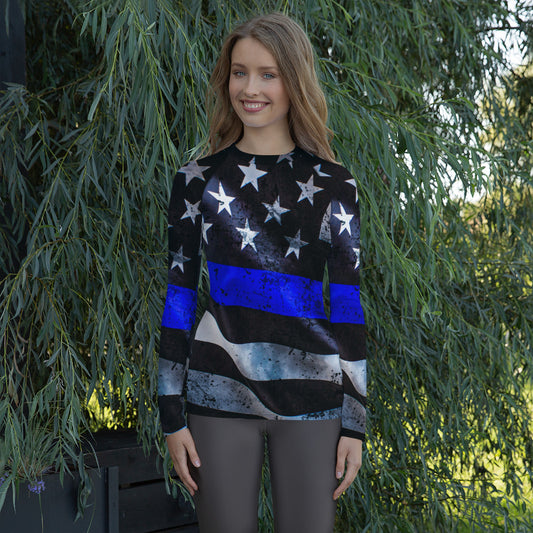 Thin Blue Line USA Wavy Flag Women's Rash Guard