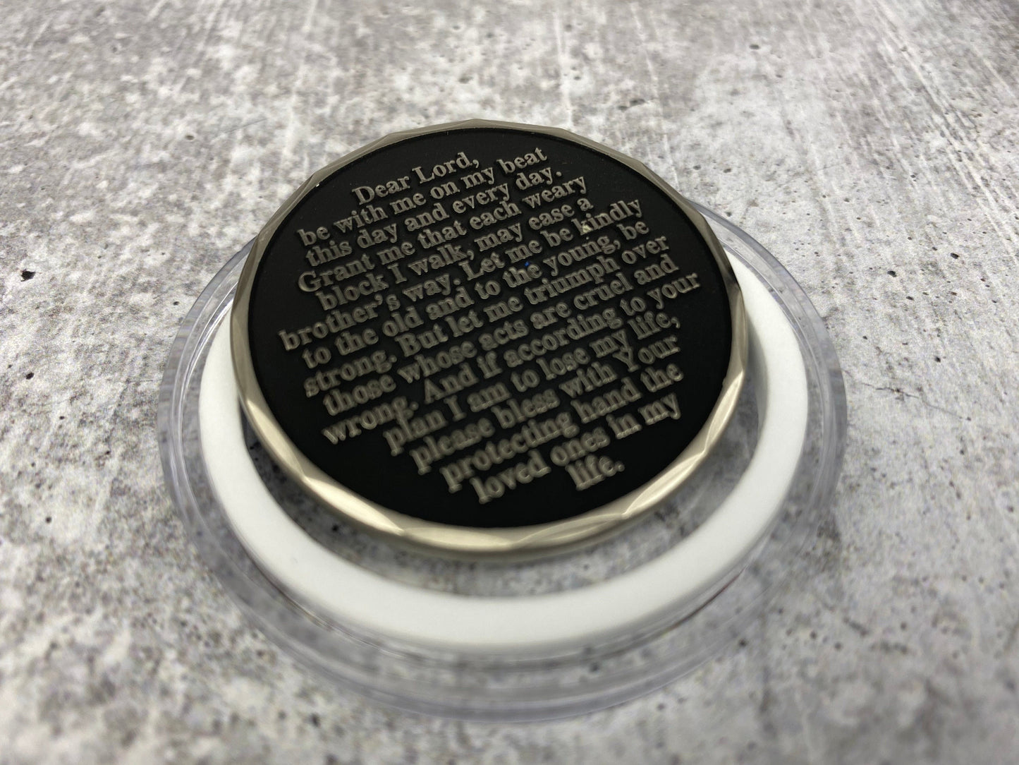 St Michael Protect Us Police Officer Prayer Challenge Coin Perfect For Police Appreciation or Police Week. Translucent blue enamel.