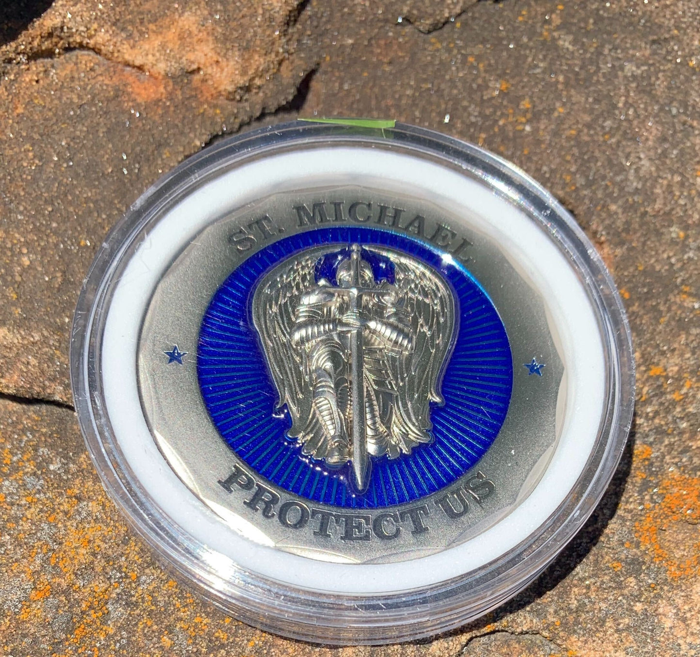 St Michael Protect Us Police Officer Prayer Challenge Coin Perfect For Police Appreciation or Police Week. Translucent blue enamel.