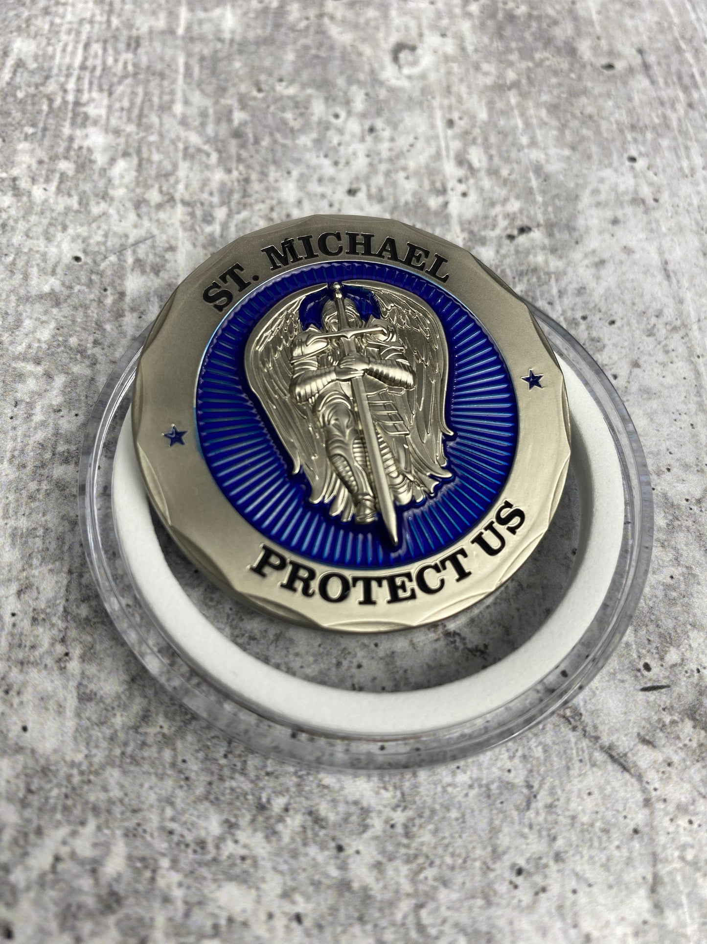 St Michael Protect Us Police Officer Prayer Challenge Coin Perfect For Police Appreciation or Police Week. Translucent blue enamel.
