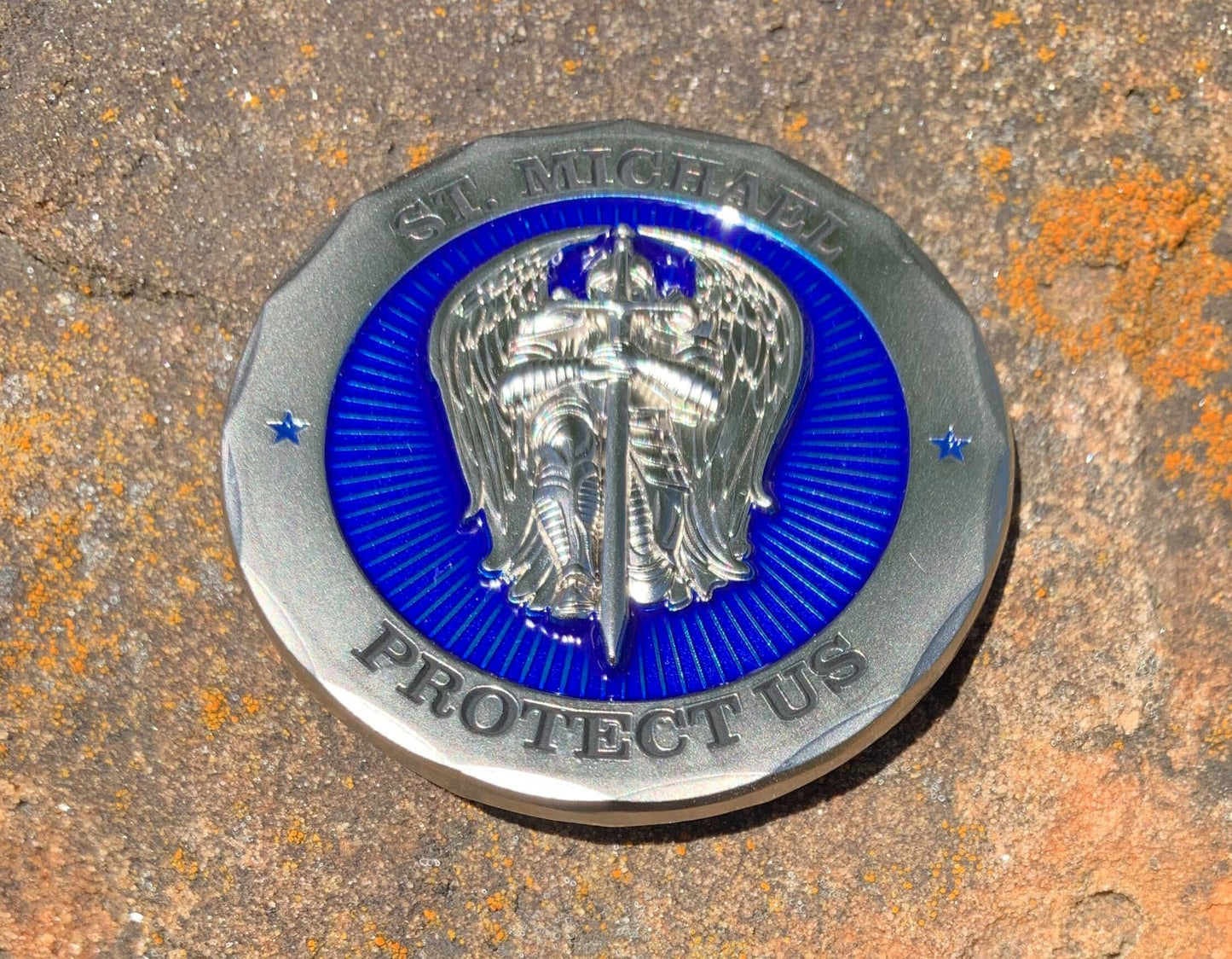 St Michael Protect Us Police Officer Prayer Challenge Coin Perfect For Police Appreciation or Police Week. Translucent blue enamel.