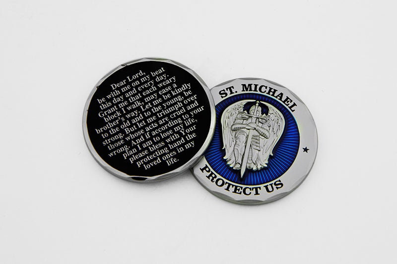 St Michael Protect Us Police Officer Prayer Challenge Coin Perfect For Police Appreciation or Police Week. Translucent blue enamel.