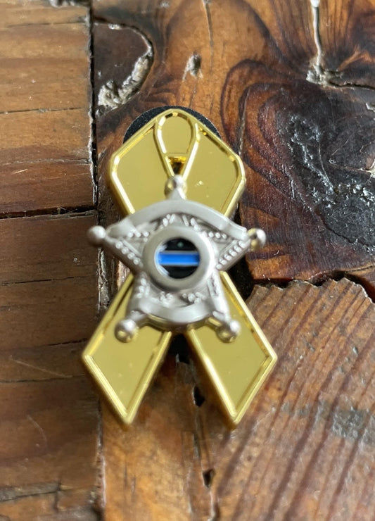 Thin Blue Line Law Enforcement Support Childhood Cancer Gold Ribbon 5 Point Star Lapel Pin