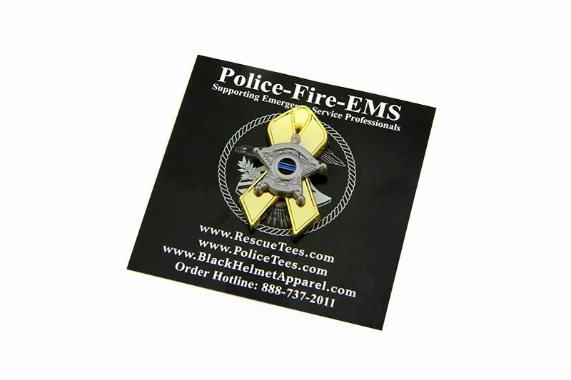 Thin Blue Line Law Enforcement Support Childhood Cancer Gold Ribbon 5 Point Star Lapel Pin