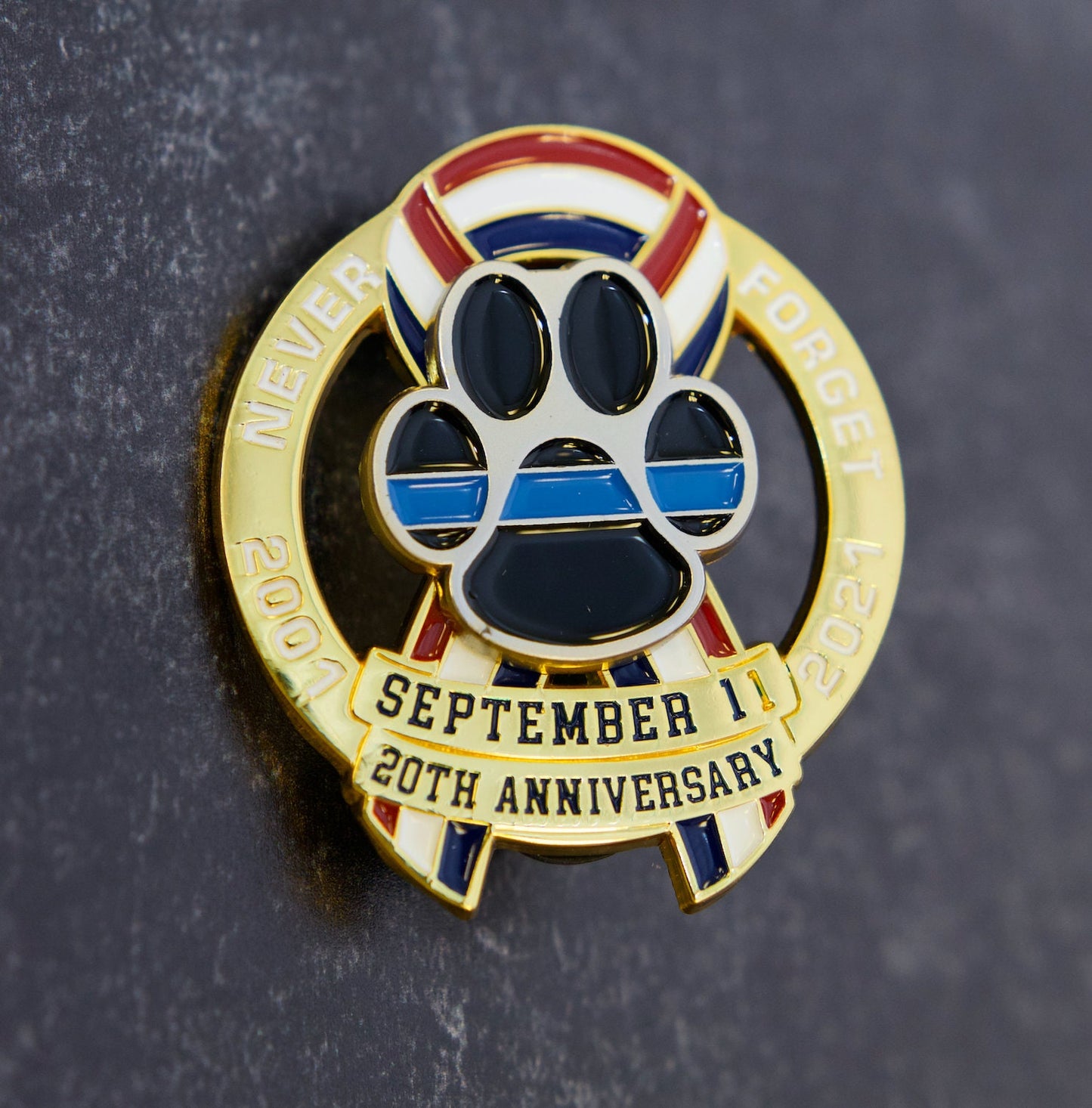 Rare Find | Limited Edition Twin Towers Cut Out Pin For K9's Thin Blue Line Paw USA Ribbon Pin Never Forget 9-11-01 20th Anniversary Pin