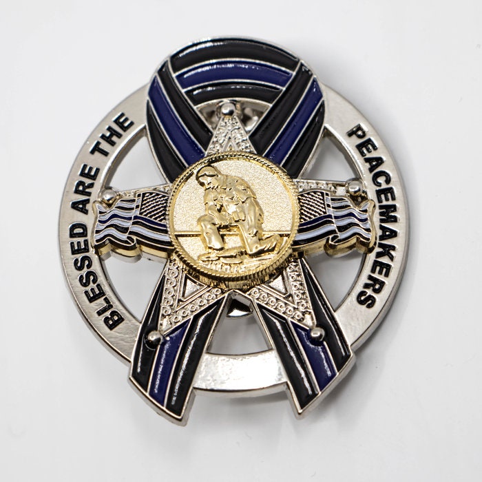 Blessed are the Peacemakers Thin Blue Line Ribbon Memorial Mini Badge Metal Pin- 5 Point Star