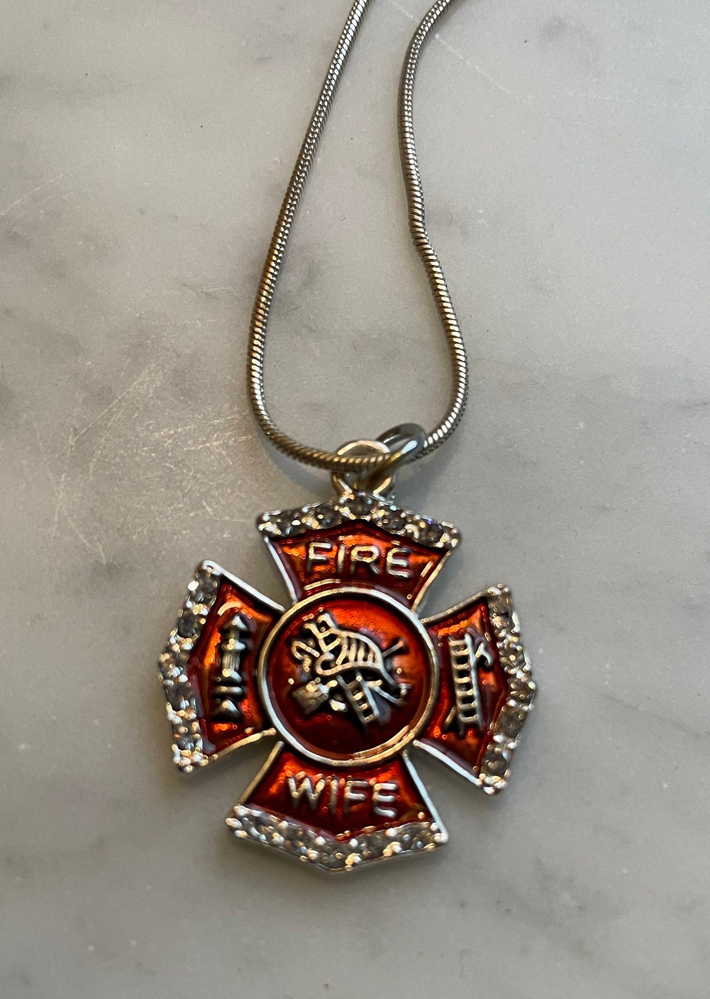 Wife Fire Dept Shield Crystal Charm Pendant Necklace With 18 Inch Chain and Jewelry Pouch for Presentation.