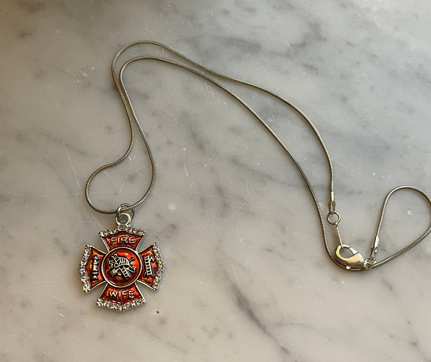 Wife Fire Dept Shield Crystal Charm Pendant Necklace With 18 Inch Chain and Jewelry Pouch for Presentation.
