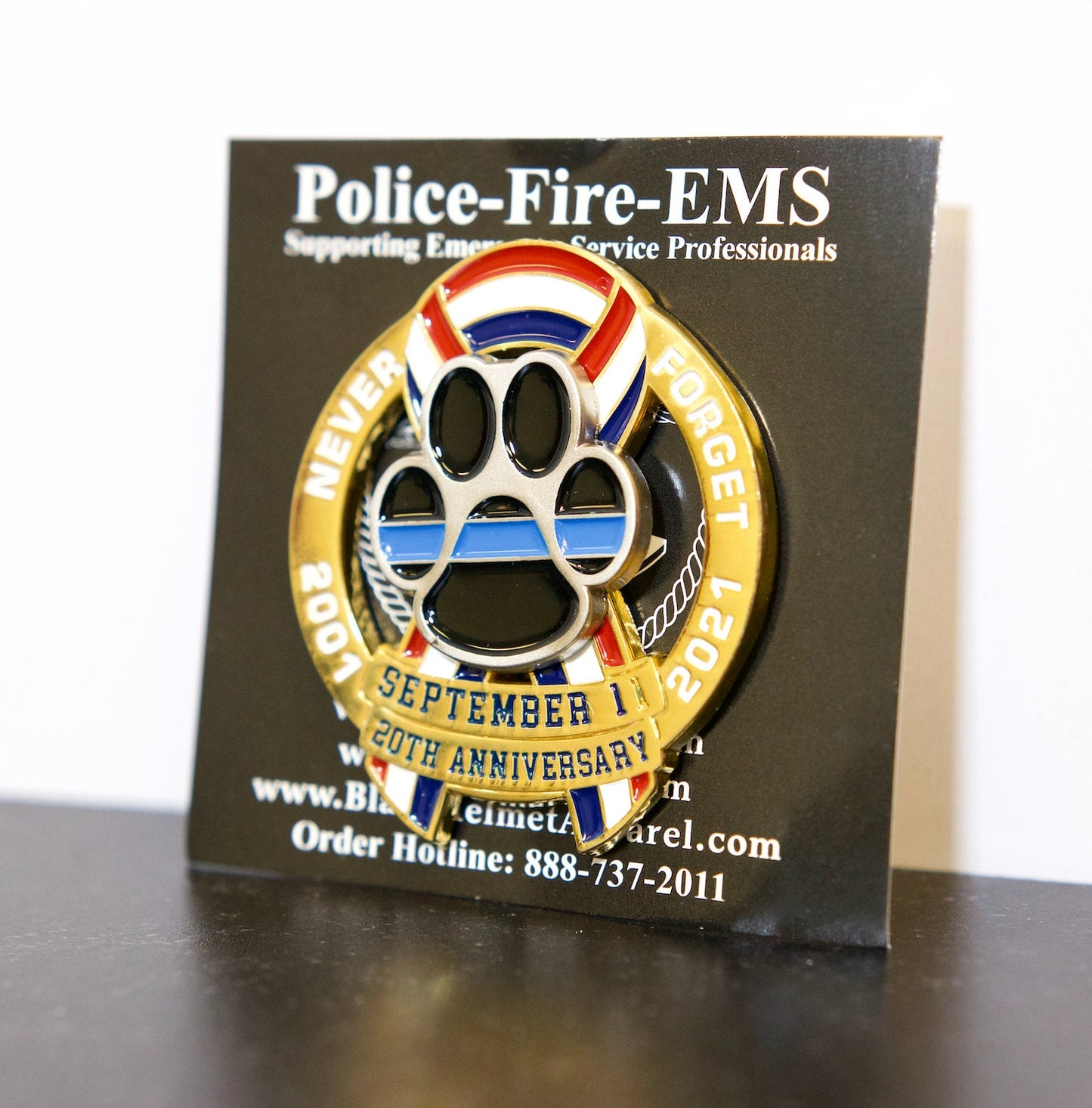 Rare Find | Limited Edition Twin Towers Cut Out Pin For K9's Thin Blue Line Paw USA Ribbon Pin Never Forget 9-11-01 20th Anniversary Pin