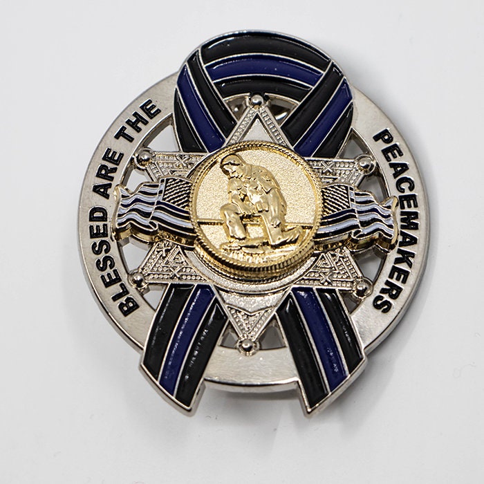 Blessed are the Peacemakers Thin Blue Line Ribbon Memorial Mini Badge Metal Pin- 6 Point Star