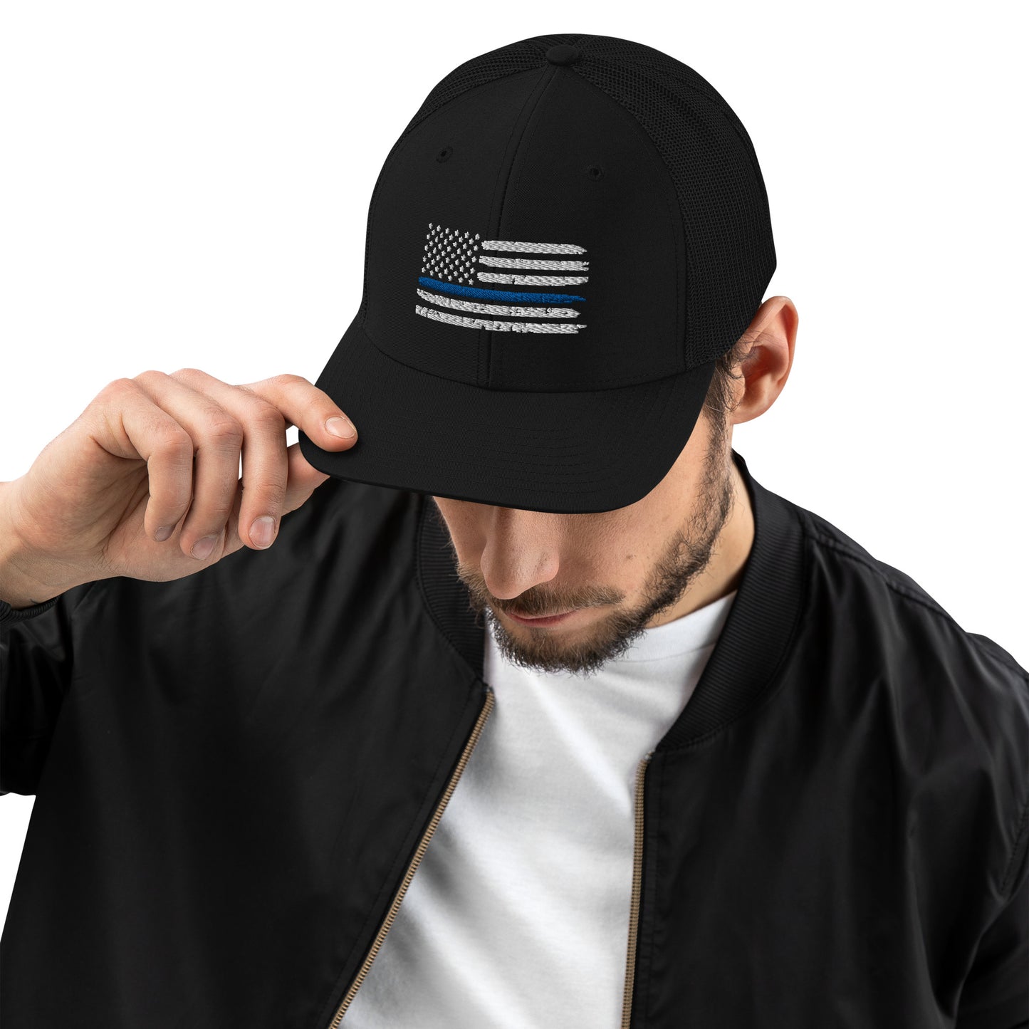 Thin Blue Line Flag Puff 3D Richardson 112 Trucker Cap