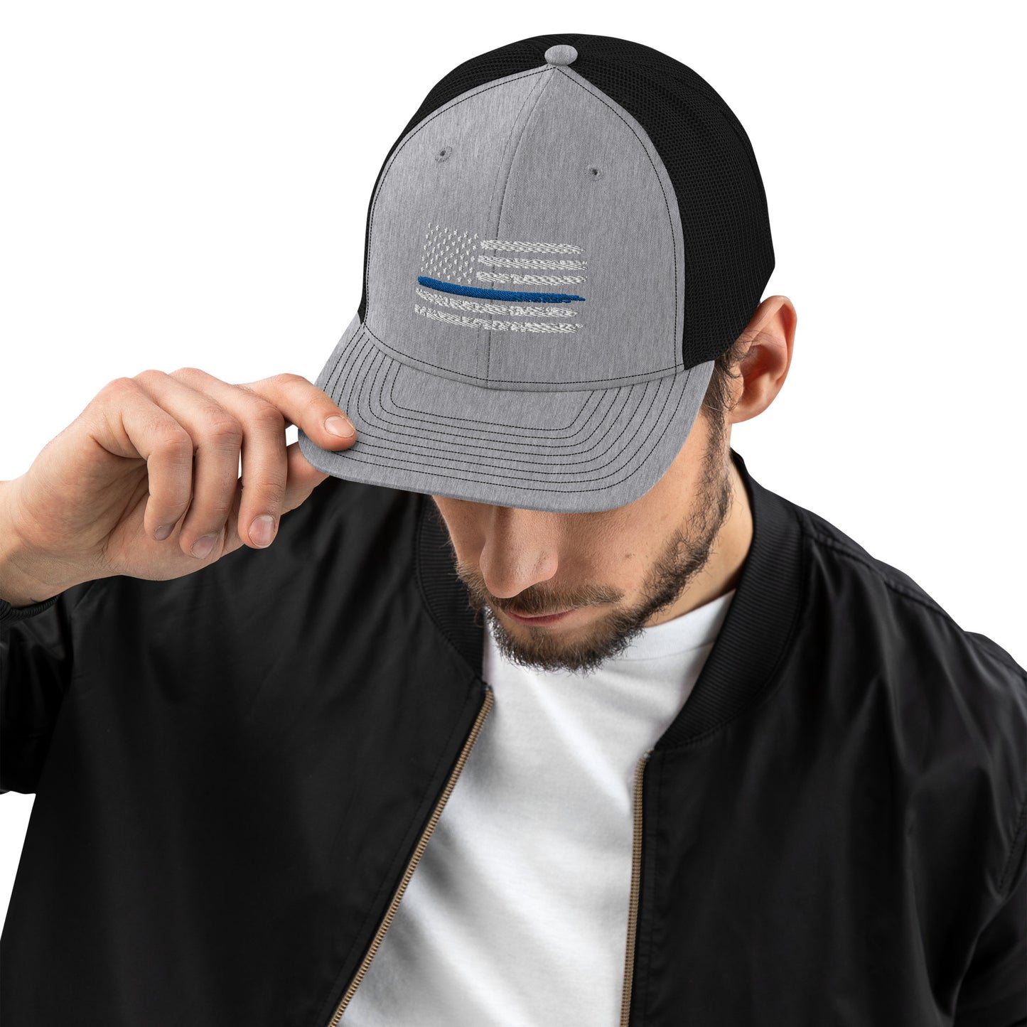 Thin Blue Line Flag Puff 3D Richardson 112 Trucker Cap