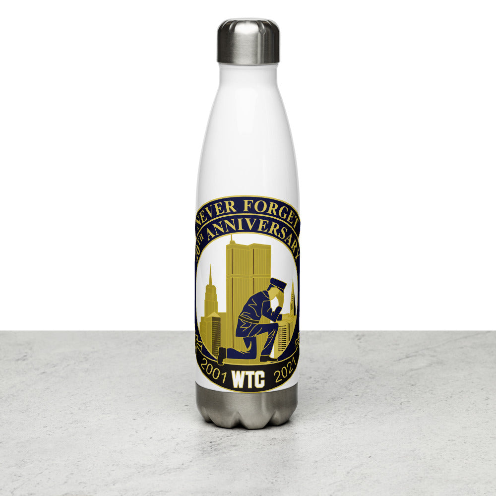 Never Forget 9.11.01 Police Officer Kneeling Twin Towers Double Wall Steel Water Bottle
