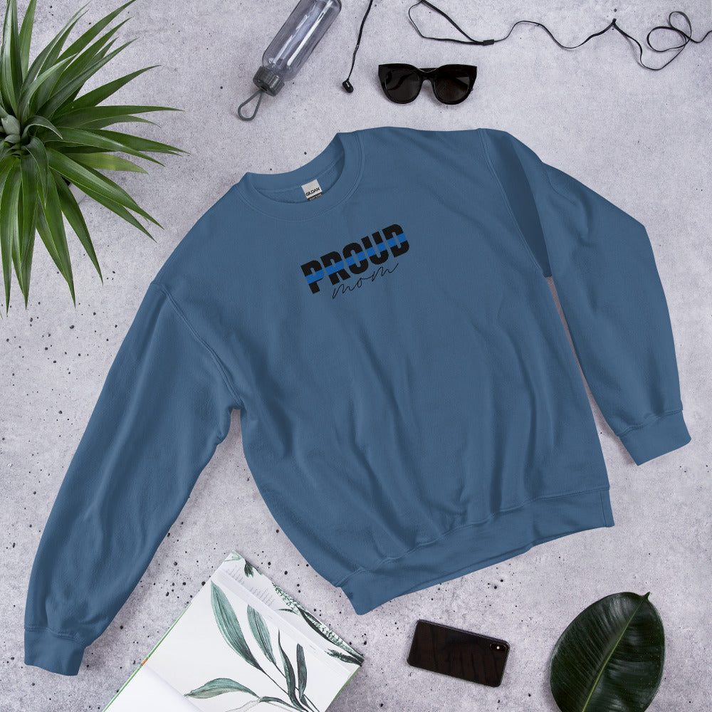 Proud MOM Thin Blue Line Gildan Crew Neck Sweatshirt