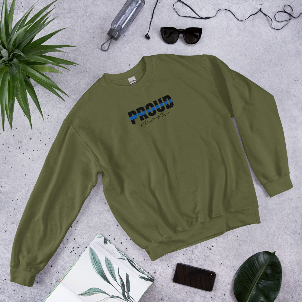 Proud MOM Thin Blue Line Gildan Crew Neck Sweatshirt