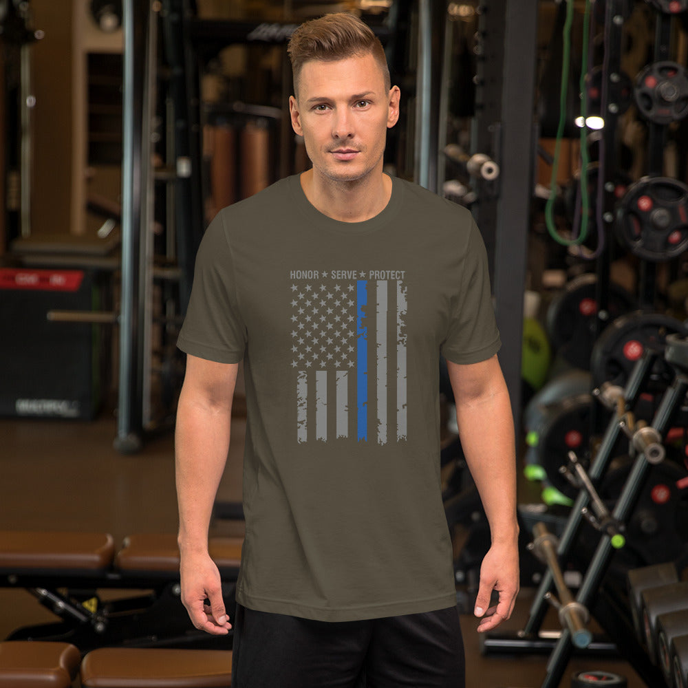 Honor, Serve , Protect Thin Biue Line USA Flag Bella Canvas Short-Sleeve  T-Shirt