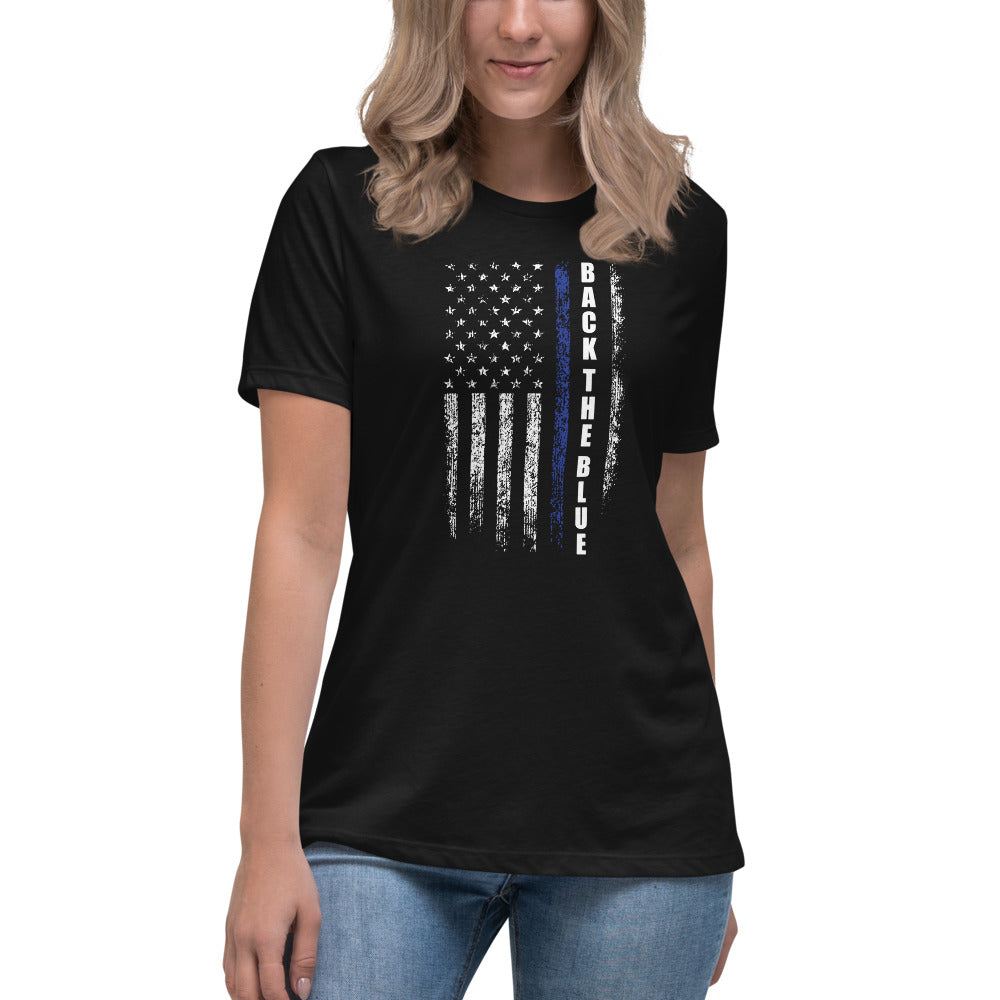 Back  The Blue Thin Blue Line Flag USA Bella Canvas Women's Relaxed T-Shirt