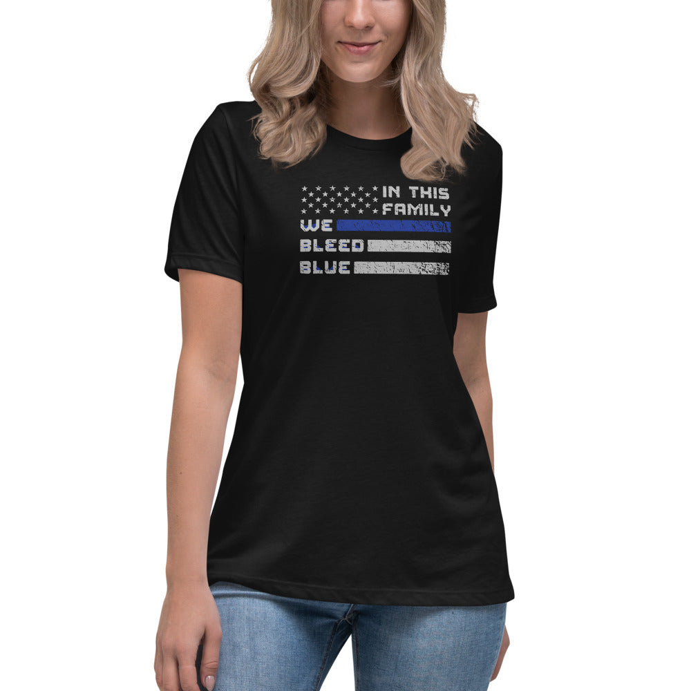 In This Family We Bleed Blue Thin Blue Line USA Bella Canvas Women's Relaxed T-Shirt