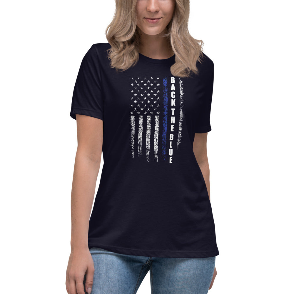 Back The Blue Thin Blue Line Flag USA Bella Canvas Women's Relaxed T-Shirt