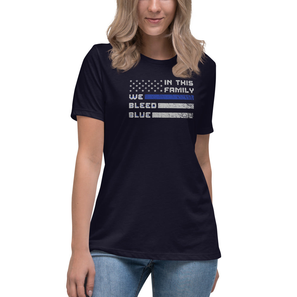 In This Family We Bleed Blue Thin Blue Line USA Bella Canvas Women's Relaxed T-Shirt