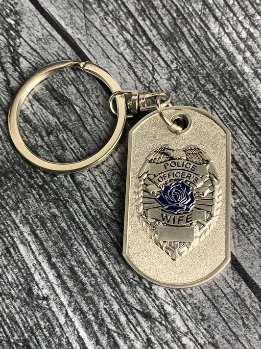 Police Wife Thin Blue Line Rose Prayer Dog Tag Key Chain