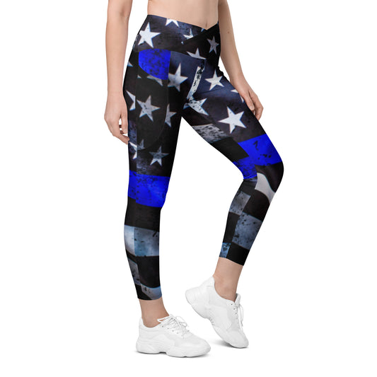 ** Hot Seller ** Thin Blue Line Flag Back The Blue Crossover Leggings With Pockets  (2XS to 6XL)