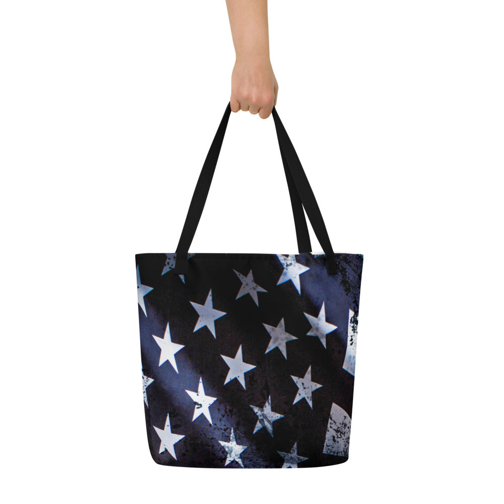 Thin Blue Line USA Wavy Flag Back The Blue All-Over Print Large Tote Bag