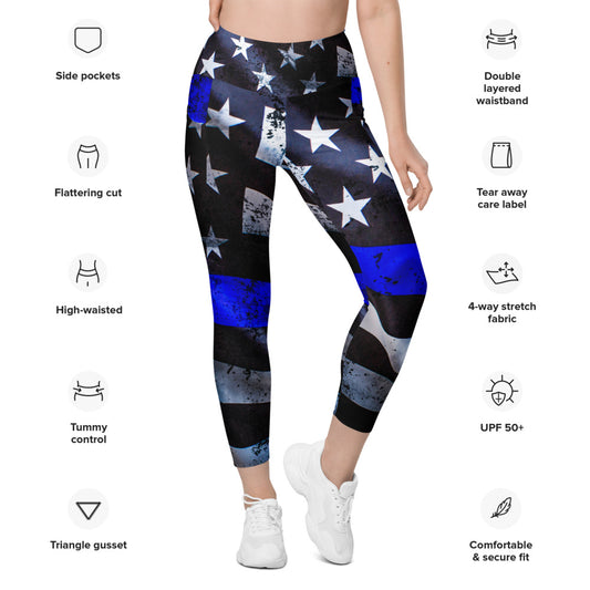 Thin Blue Line USA Flag, Back The Blue Leggings With Pockets Sizes: XS-6XL