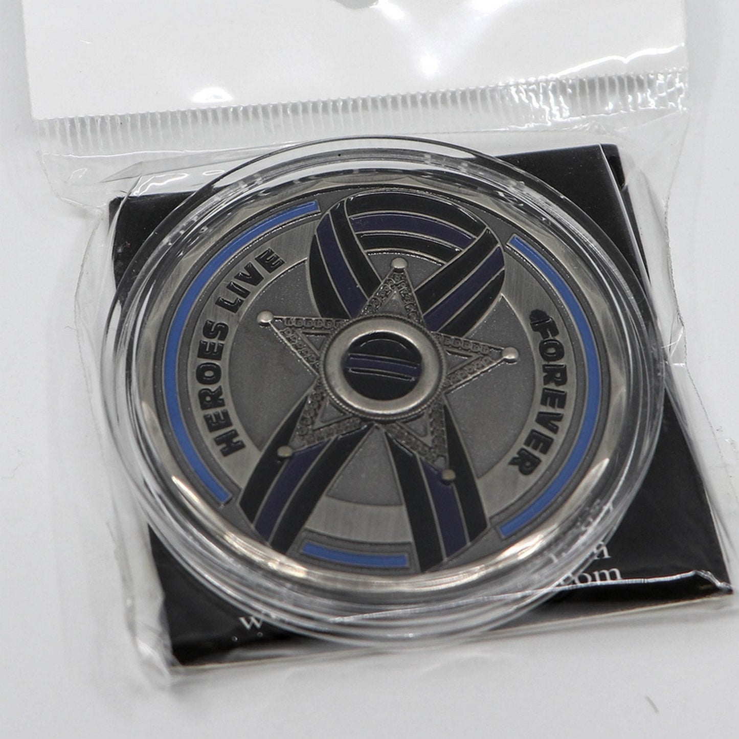 Heroes Live Forever 5 Point Star Thin Blue Line Ribbon Challenge Coin - Individual SKU: C120-0001