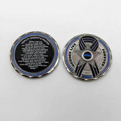 Heroes Live Forever 5 Point Star Thin Blue Line Ribbon Challenge Coin - Individual SKU: C120-0001