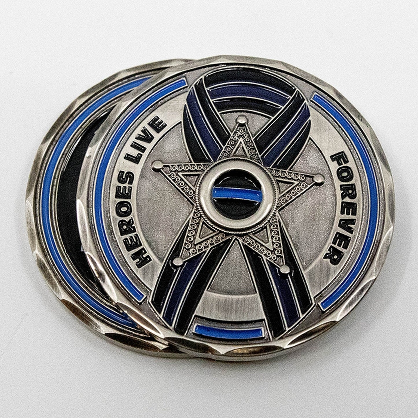 Heroes Live Forever 5 Point Star Thin Blue Line Ribbon Challenge Coin - Individual SKU: C120-0001