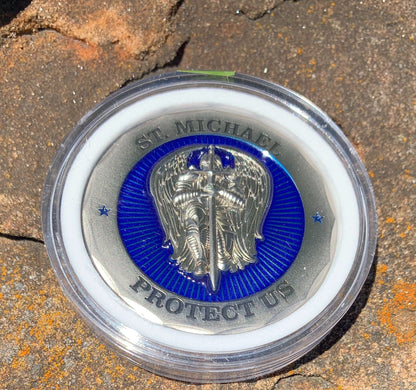 St Michael Protect Us Police Officer Prayer Challenge Coin Perfect For Police Appreciation or Police Week.  Translucent blue enamel.