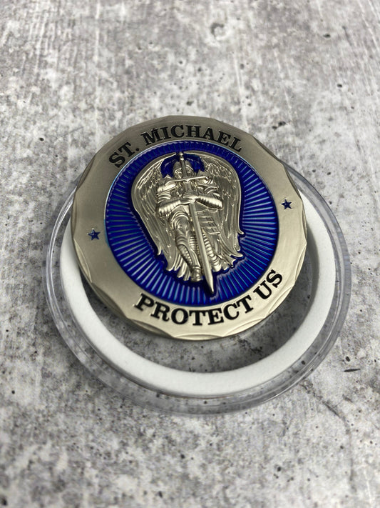 St Michael Protect Us Police Officer Prayer Challenge Coin Perfect For Police Appreciation or Police Week.  Translucent blue enamel.