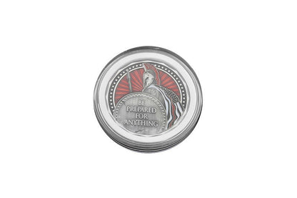 Be Prepared For Anything Spartan Fight Fire Challenge Coin 1.75 Inches in a Round Capsule Case For Protection.