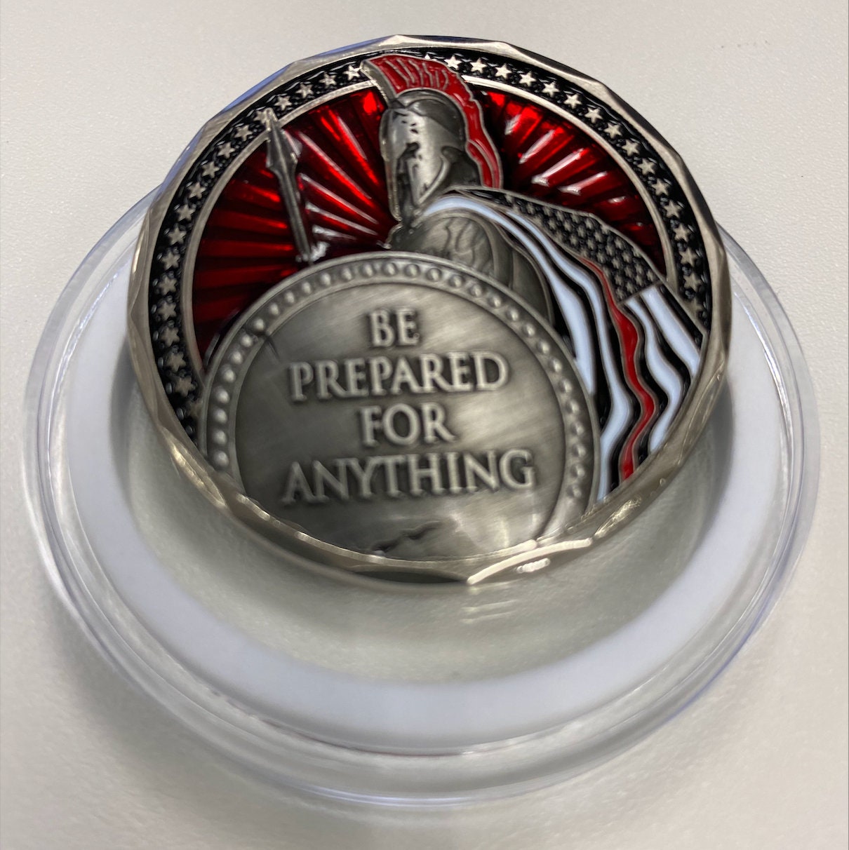 Be Prepared For Anything Spartan Fight Fire Challenge Coin 1.75 Inches in a Round Capsule Case For Protection.