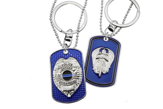 Thin Blue Line Police Shield Saint Michael Key Chain- Dog Tag