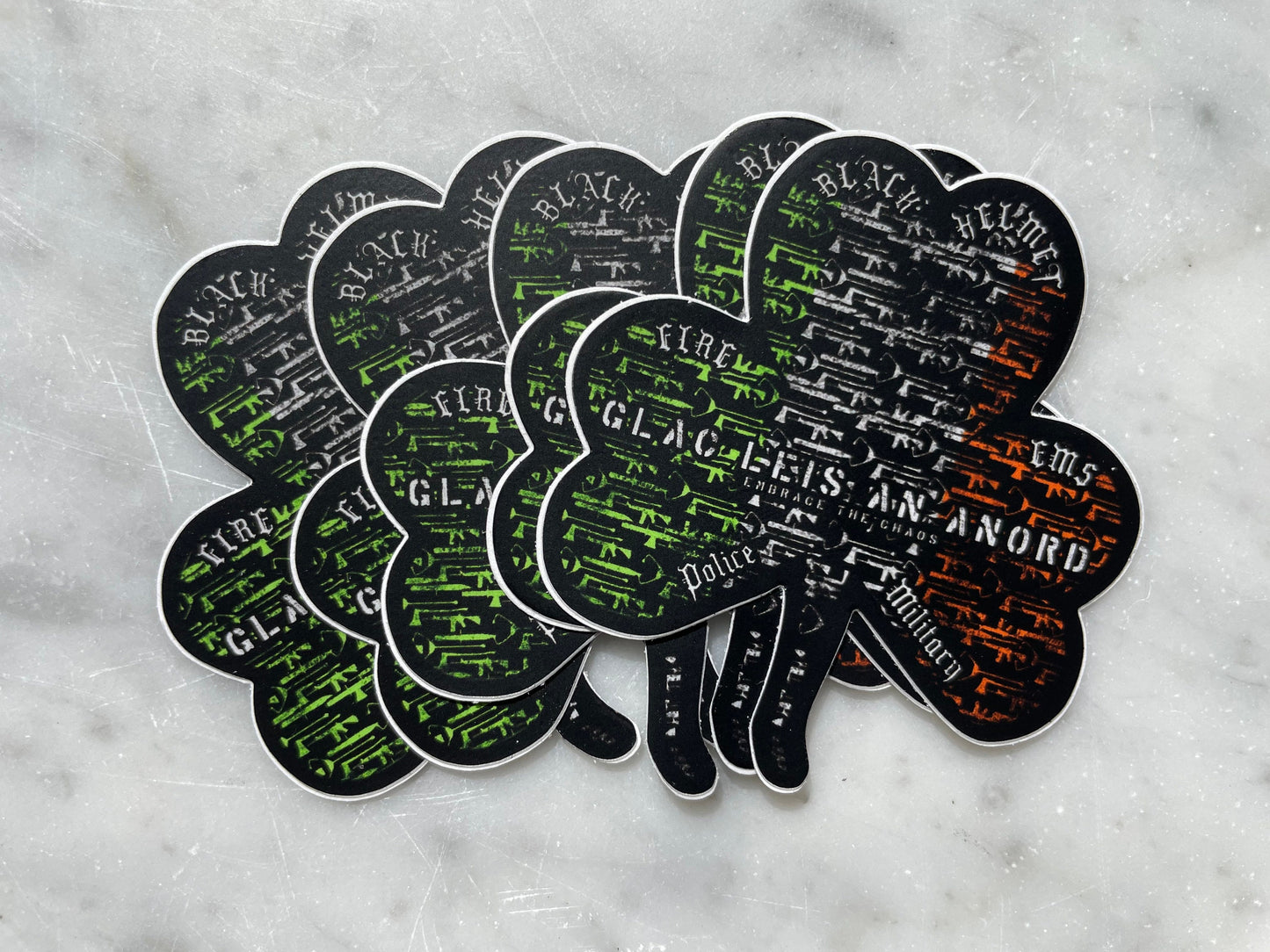 5 Pack | Black Helmet Irish Shamrock Embrace The Chaos Die Cut Firefighter Decal