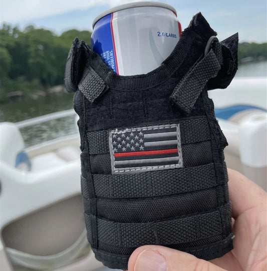 Tactical Mini Vest,Thin Red Line firefighter BLack Vest Drink Koozie, Make your drink TactiCool!