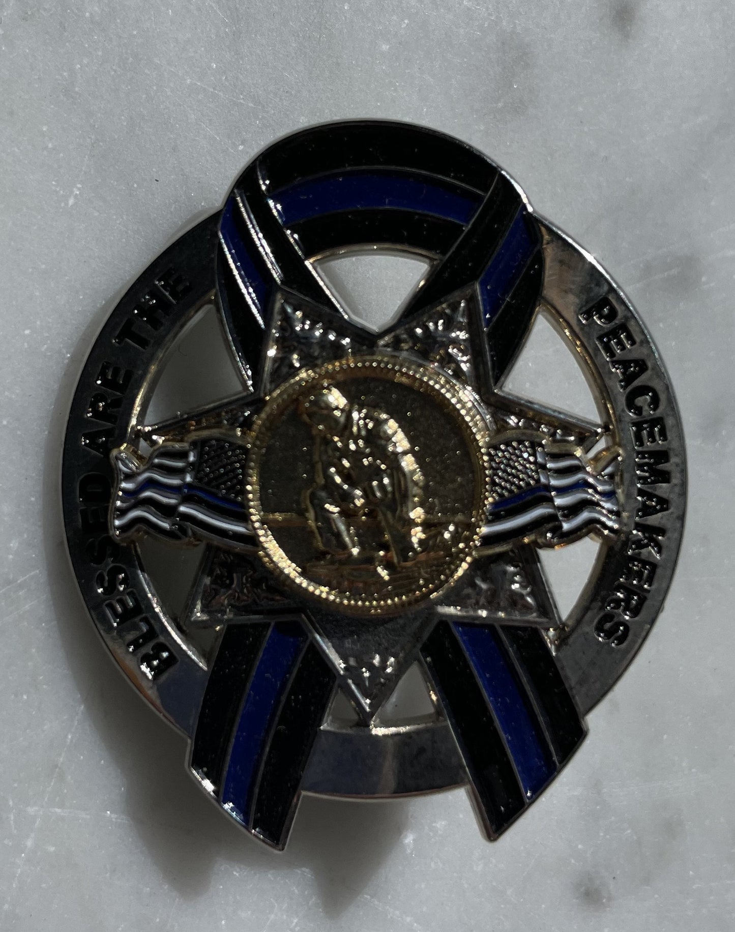 Blessed are the Peacemakers Thin Blue Line Ribbon Memorial Mini Badge Metal Pin-  7 Point Star