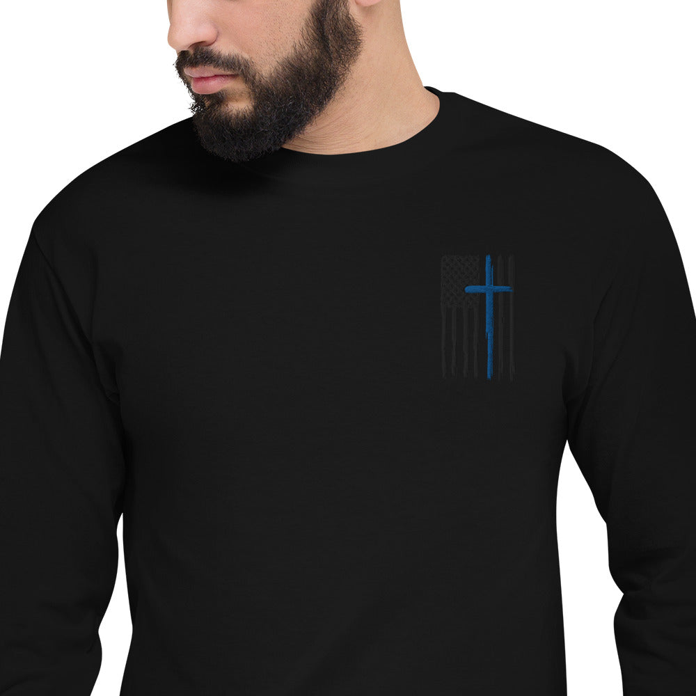Thin Blue Line Cross Embroidered Men's Champion Long Sleeve Shirt