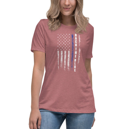 Back  The Blue Thin Blue Line Flag USA Bella Canvas Women's Relaxed T-Shirt